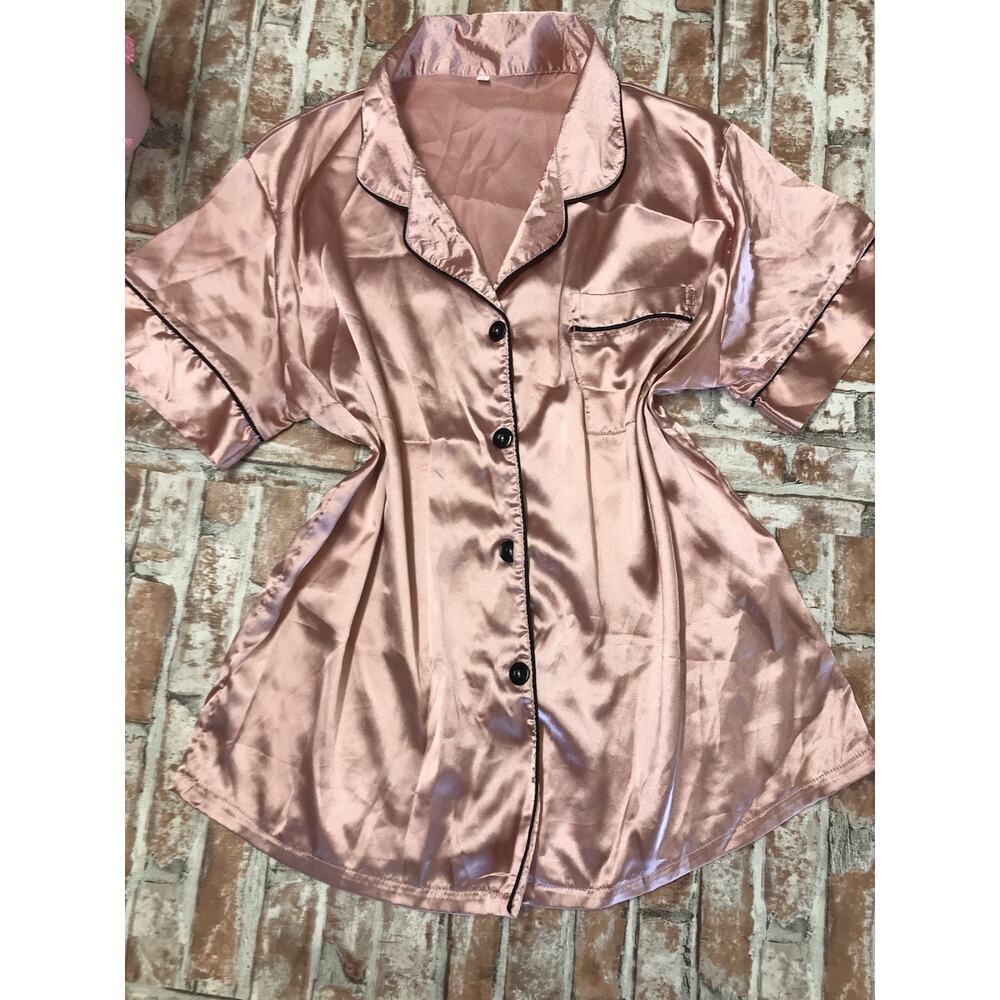 Women Lingerie Sleepwear Satin Feel Shiny Pink Nightwear Pajamas sz Large Top
